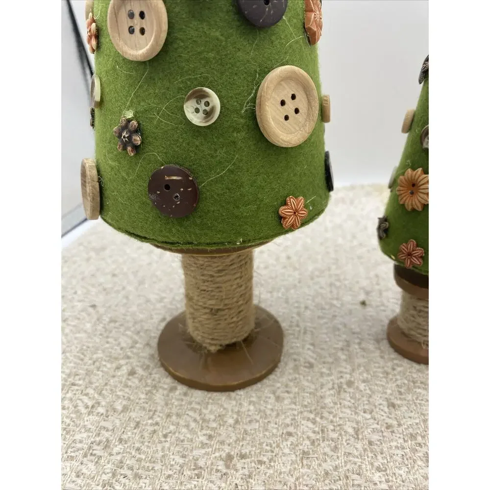 Set Of Two Crafted Button Christmas Trees. Cloth, Buttons, And Wood